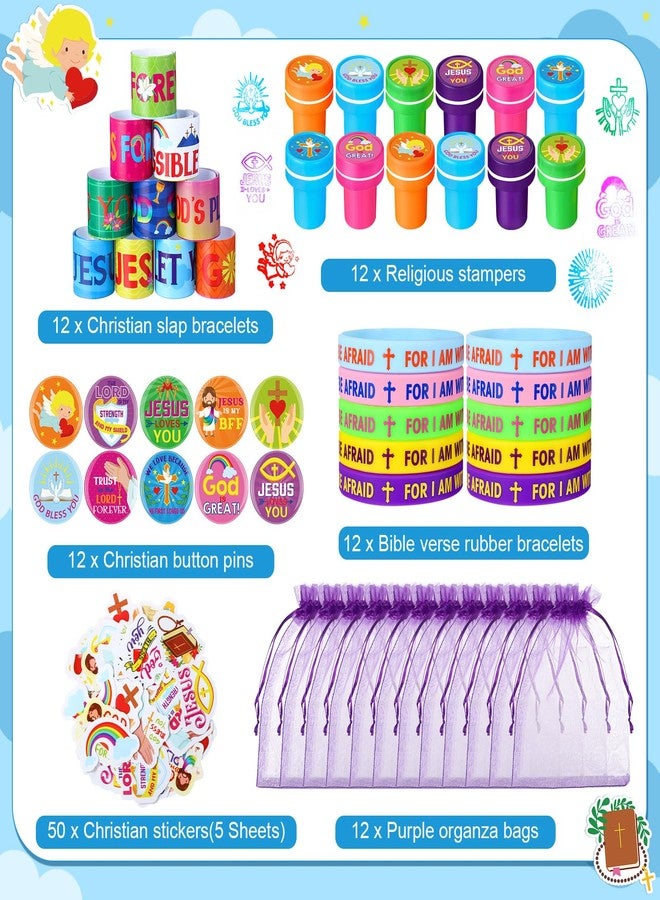 Silipull 110 Pieces Jesus Party Favors for Kids, Bible Verse Slap Bracelets Stickers Stampers Rubber Bracelets Gift Bags Button Pins for Christian Religious Inspirational Christmas Party Gifts - Image 2